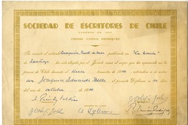 [Diploma] 1950 octubre 30, Santiago, [Chile] [a] Joaquín Edwards Bello  [manuscrito] Sociedad de Escritores de Chile (SECH).