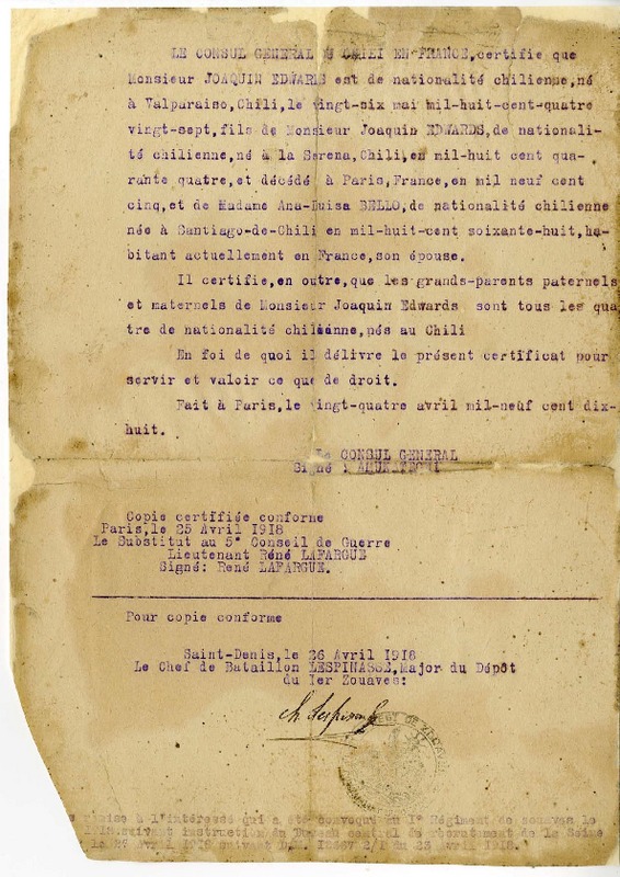 [Certificado] 1918 abr. 25, París, Francia [a] Joaquín Edwards Bello  [manuscrito] Consulado de Chile (Francia).