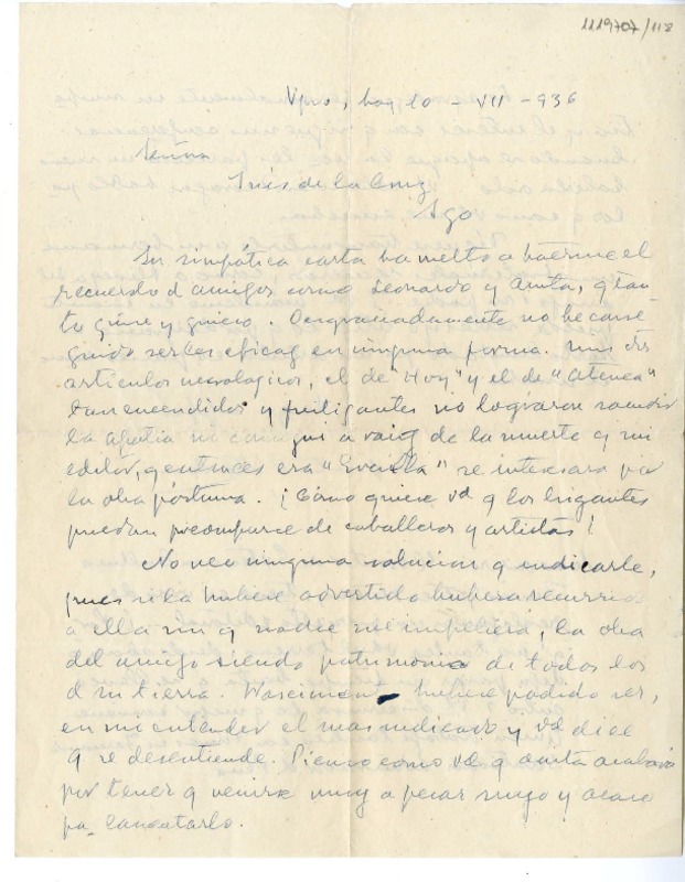 [Carta] 1936 julio 10, Santiago, Chile [a] Inés de la Cruz [Winett de Rokha]  [manuscrito] Augusto D´Halmar.