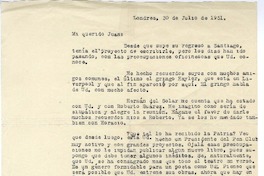 [carta] 1951 julio 30, Londres, Inglaterra [a] Juan Guzmán Cruchaga  [manuscrito] Salvador Reyes.