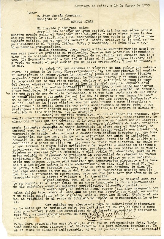 [carta] 1953 enero 19, Santiago, Chile [a] Juan Guzmán Cruchaga  [manuscrito] Víctor Domingo Silva.
