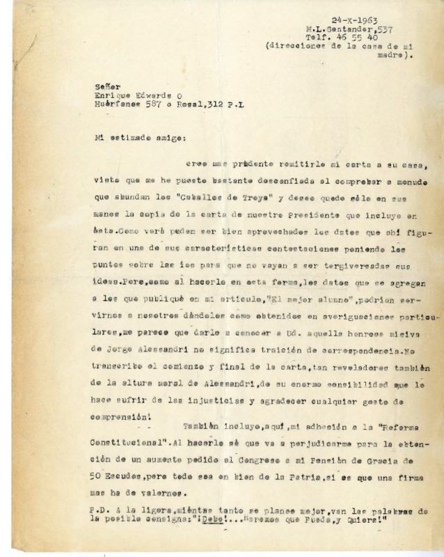 [Carta] 1963 octubre 24, Santiago, Chile [a] Enrique Edwards Orrego  [manuscrito] Magdalena Petit.