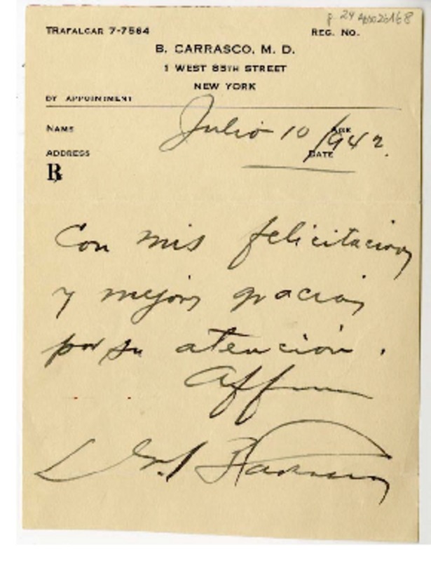 [Carta] 1942 julio 10, Nueva York [a] Magdalena Petit  [manuscrito] B. Carrasco.