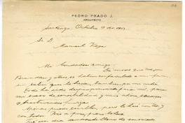 [Carta] 1951 octubre 9, Santiago, Chile [a] Manuel Vega  [manuscrito] Pedro Prado.