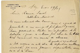 [Carta] 1921 enero 21, Santiago, Chile [a] Ramón Laval  [manuscrito] Alberto Ried Silva.
