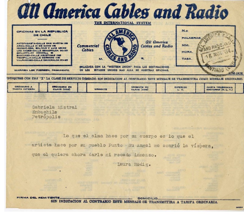 [Telegrama] 1945 noviembre 16, Santiago, Chile [a] Gabriela Mistral  [manuscrito] Laura Rodig.