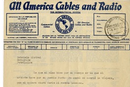 [Telegrama] 1945 noviembre 16, Santiago, Chile [a] Gabriela Mistral  [manuscrito] Laura Rodig.