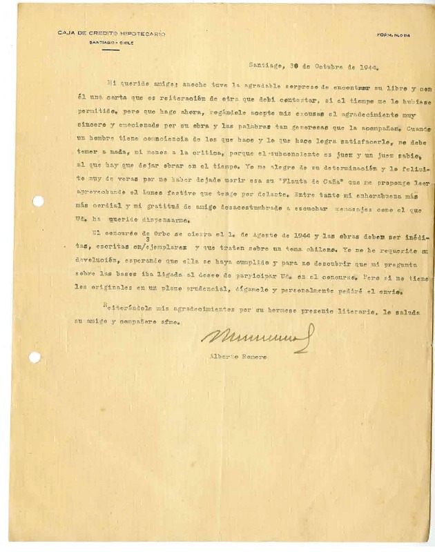 [Carta] 1944 octubre 30, Santiago, Chile [a] Gonzalo Drago  [manuscrito] Alberto Romero.