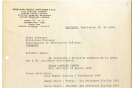 [Carta] 1968 septiembre 10, Santiago, Chile [a] Biblioteca Nacional de Chile  [manuscrito] Carlos Rozas Larraín.