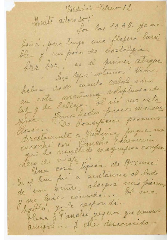 [Carta] 1912 febrero, Valdivia, Chile [a una amiga "Monito"]  [manuscrito] Elvira Santa Cruz Ossa (Roxane).