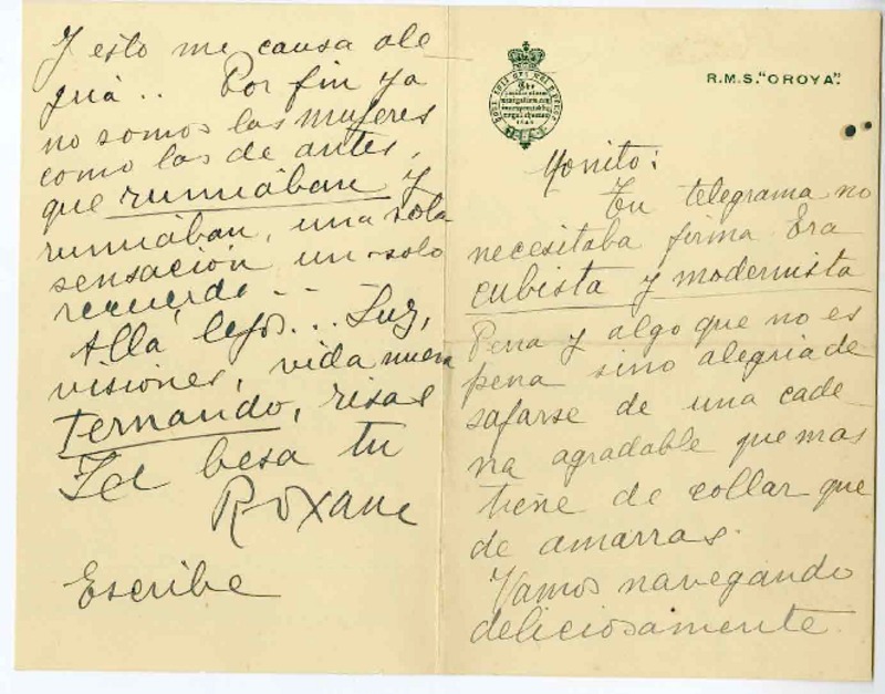 [Carta] 1926 septiembre 5, A bordo del "Oroya" en el mar Atlántico [ una amiga "Monito"]  [manuscrito] Elvira Santa Cruz Ossa (Roxane).
