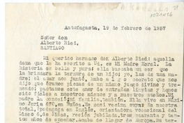 [Carta] 1957 febrero 19, Antofagasta, Chile [a] Alberto Ried, Santiago, Chile  [manuscrito] Andrés Sabella.