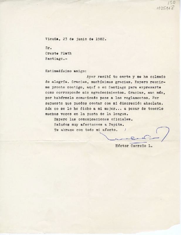 [Carta] 1982 junio 23, Vicuña, Chile [a] Oreste Plath  [manuscrito] Héctor Carreño Latorre.