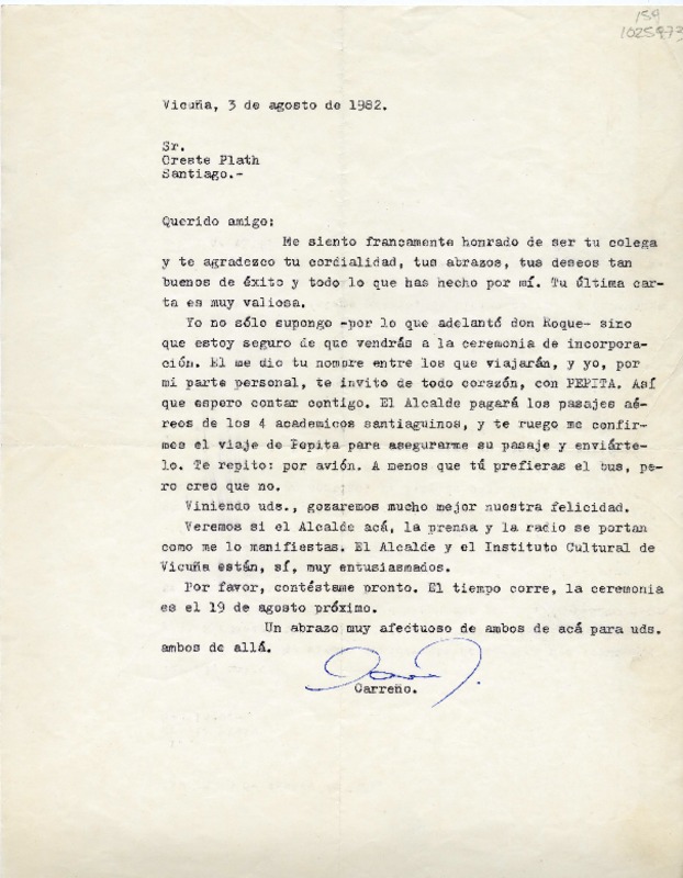 [Carta] 1982 agosto 3, Vicuña, Chile [a] Oreste Plath  [manuscrito] Héctor Carreño L.