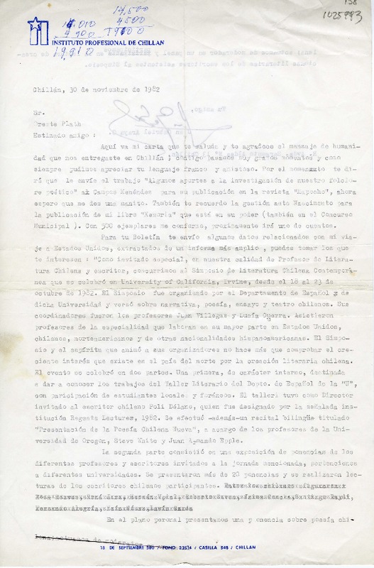 [Carta] 1982 noviembre 30, Chillán, Chile [a] Oreste Plath  [manuscrito] Juan Gabriel Araya.