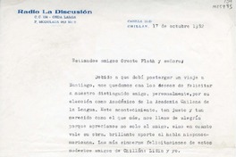 [Carta] 1982 octubre 17, Chillán, Chile [a] Oreste Plath  [manuscrito] Vicente Aciares Núñez.