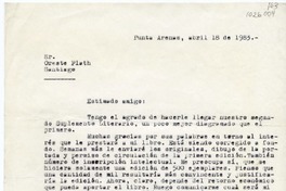 [Carta] 1983 abril 18, Punta Arenas, Chile [a] Oreste Plath  [manuscrito] Eugenio Mimica Barassi.