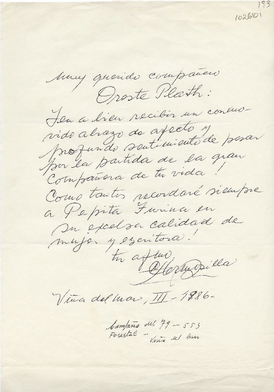[Carta] 1986 marzo, Viña del Mar, Chile [a] Oreste Plath  [manuscrito] Carlos Hermosilla Álvarez.