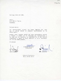 [Carta] 1986 marzo, Santiago, Chile [a] Karen Müller Turina  [manuscrito] Junta de Vigilancia del Edificio Bellas Artes.