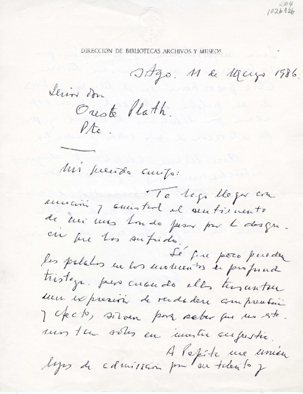 [Carta] 1986 marzo 11, Santiago, Chile [a] Oreste Plath  [manuscrito] Enrique Campos Menéndez.