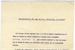Bautismo de la sala "Oscar Castro" : Rancagüa, 8 de octubre de 1948 [manuscrito].