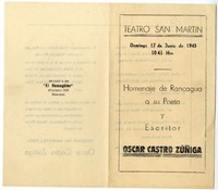 Homenaje de Rancagua a su poeta y escritor Oscar Castro Zuñiga : Teatro San Martín, Domingo 17 de junio de 1945, 10:45 horas.