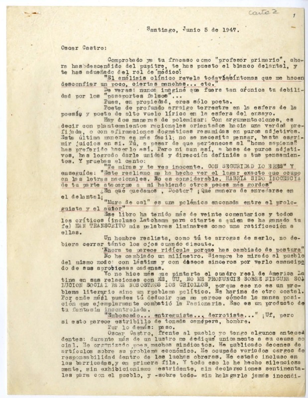 [Carta] 1947 junio 5, Santiago, Chile [a] Oscar Castro  [manuscrito] Edmundo Concha.