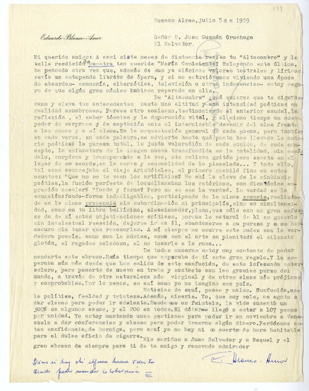 [Carta] 1959 julio 5, Buenos Aires, Argentina [a] Juan Guzmán Cruchaga  [manuscrito] Eduardo Blanco Amor.