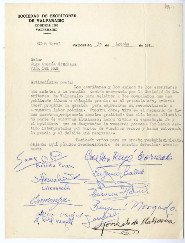 [Carta] 1974 agosto 30, Valparaíso Chile [a] Juan Guzmán Cruchaga  [manuscrito] Sociedad de Escritores de Valparaíso.