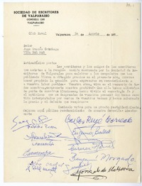 [Carta] 1974 agosto 30, Valparaíso Chile [a] Juan Guzmán Cruchaga  [manuscrito] Sociedad de Escritores de Valparaíso.