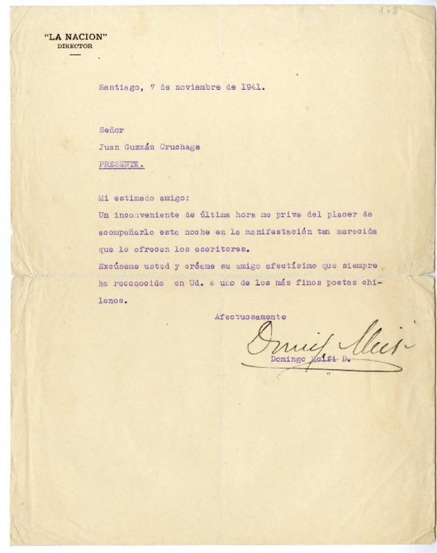 [Carta] 1941 noviembre 7, Santiago, Chile [a] Juan Guzmán Cruchaga  [manuscrito] Domingo Melfi.