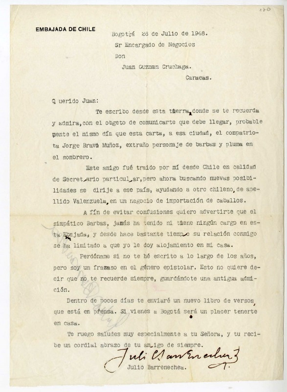 [Carta] 1948 julio 26, Bogotá, Colombia [a] Juan Guzmán Cruchaga  [manuscrito] Julio Barrenechea.