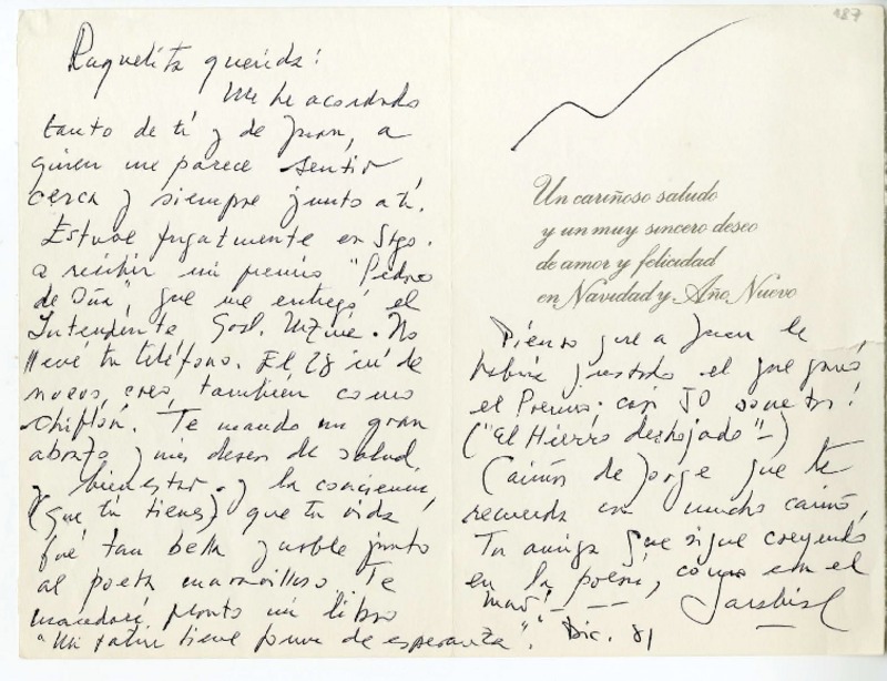 [Carta] 1981 diciembre, Viña del Mar, Chile [a] Raquel Tapia Caballero  [manuscrito] Sara Vial.