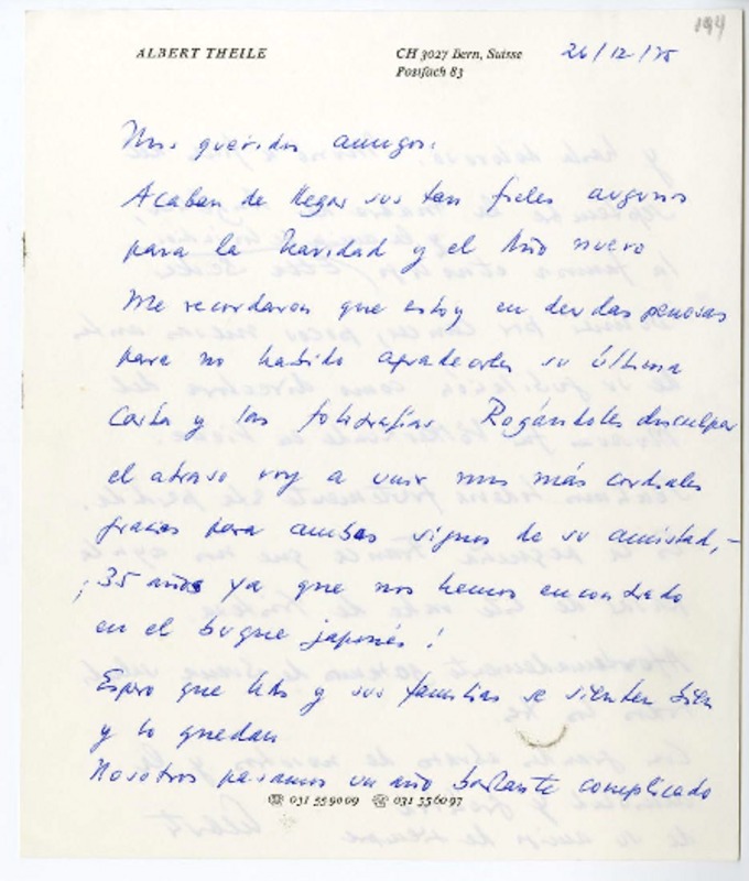 [Carta] 1975 diciembre 26, Suiza [a] Juan Guzmán Cruchaga  [manuscrito] Albert Theile.