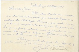 [Carta] 1977 mayo 31, Santiago, Chile [a] Juan Guzmán Cruchaga  [manuscrito] Julio Barrenechea.