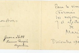 [Tarjeta] 1949 diciembre, Buenos Aires, Argentina [a] Juan Guzmán Cruchaga  [manuscrito] María Elena Waldo.