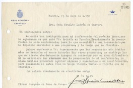 [Carta] 1950 mayo 23, Madrid, [España] [a] Matilde Ladrón de Guevara  [manuscrito] Juan Ignacio Luca de Tena y García de Torres.