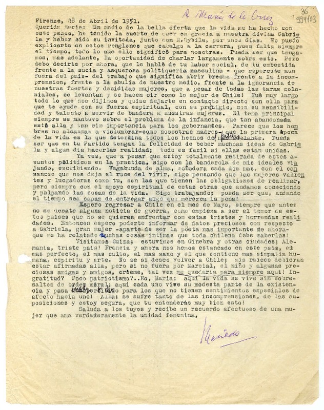 [Carta] 1951 abril 28, Firenze, [Italia] [a] María de la Cruz  [manuscrito] Matilde Ladrón de Guevara.