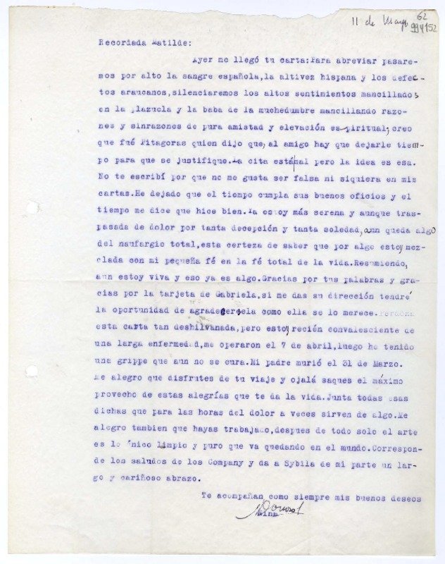 [Carta] [1953] mayo 11, Santiago, [Chile] [a] Recordada Matilde  [manuscrito] Nina Donoso.