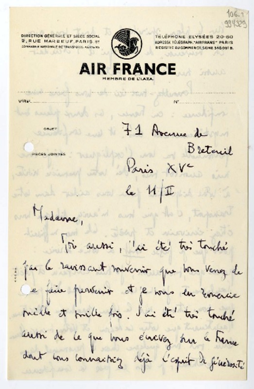 [Carta] 1955 febrero 11, Paris [a] Madame  [manuscrito]