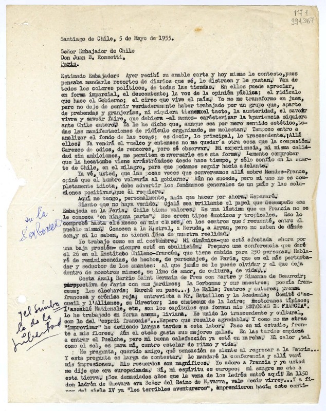 [Carta] 1955 mayo 5, Santiago de Chile [a] Señor Embajador de Chile Don Juan B. Rossetti, Paris  [manuscrito] Matilde L. de Guevara.