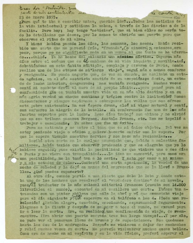 [Carta] 1955 enero 23, [Chile] [a] Querida Ida  [manuscrito] Matilde [Ladrón de Guevara].