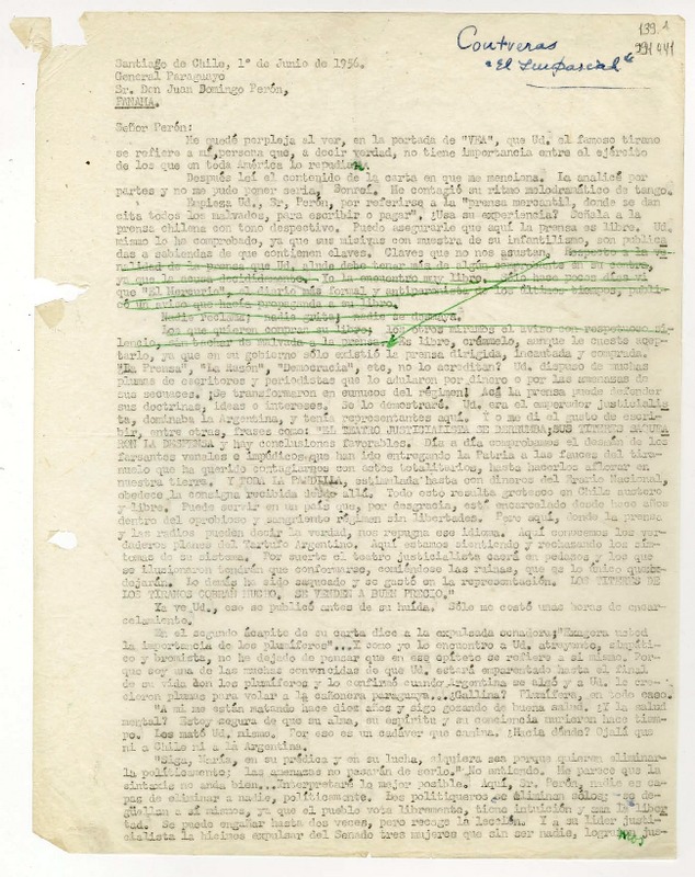 [Carta] 1956 junio 1, Santiago de Chile [a] Sr. Don Juan Domingo Perón, Panamá  [manuscrito] Matilde Ladrón de Guevara.