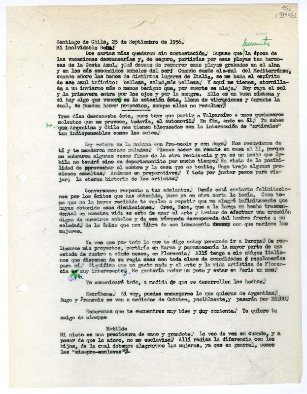 [Carta] 1956 septiembre 25, Santiago de Chile [a] Mi inolvidable Beba  [manuscrito] Tu amiga de siempre Matilde.
