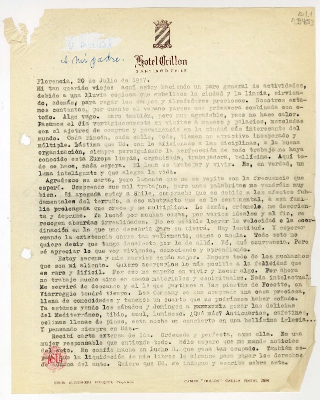 [Carta] 1957 julio 20, Florencia [a] Mi tan querido viejo  [manuscrito] Matilde [Ladrón de Guevara].