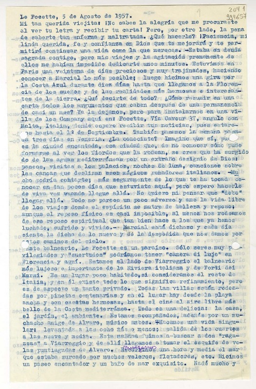[Carta] 1957 agosto 5, Le Focette, [Italia] [a] Mi tan querida viejita  [manuscrito] Matilde [Ladrón de Guevara].