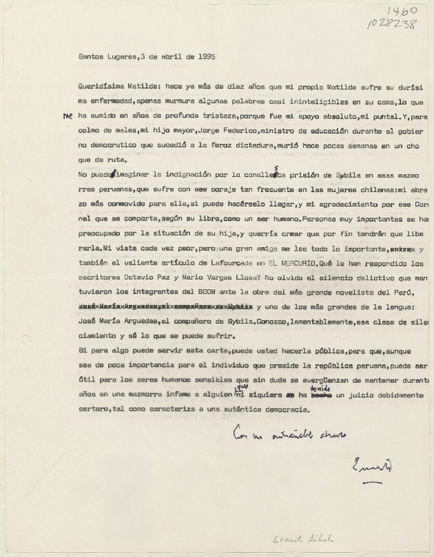 [Carta] 1995 abril 3, Santos Lugares, Argentina [a] Matilde Ladrón de Guevara  [manuscrito] Ernesto Sábato.