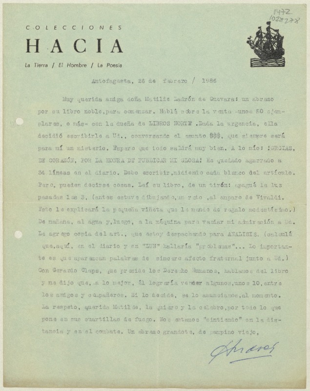 [Carta] 1986 febrero 26, Antofagasta, Chile [a] Matilde Ladrón de Guevara  [manuscrito] Andrés Sabella.