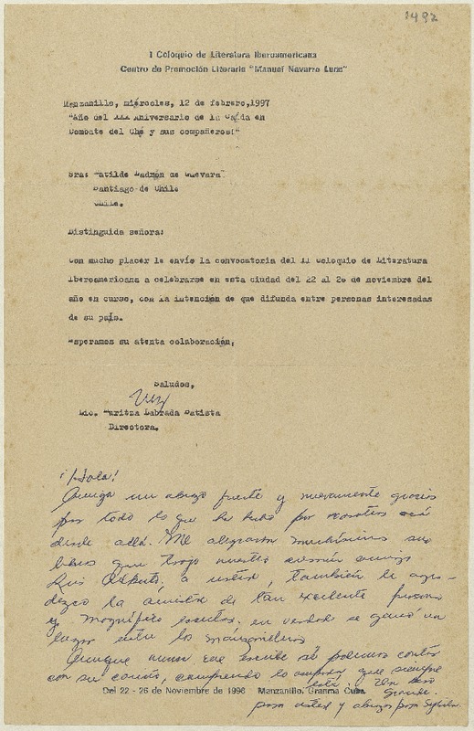 [Carta] 1997 febrero 12, Manzanillo, Cuba [a] Matilde Ladrón de Guevara  [manuscrito] Maritza Labrada Batista.