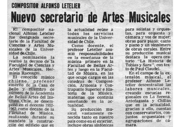 Nuevo secretario de Artes Musicales Compositor Alfonso Letelier Llona